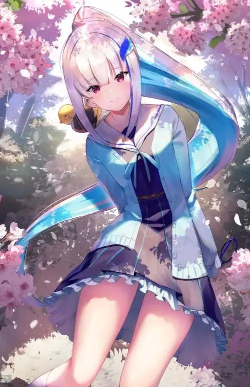 火漫社 白发蓝发少女浅蓝色水手服粉色樱花背景动漫插画